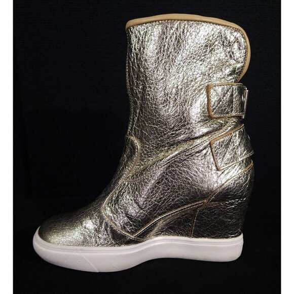 Giuseppe Zanotti Buckle Wedge Leather Sneaker 36 6 Gold Metallic High Top New - Picture 8 of 11